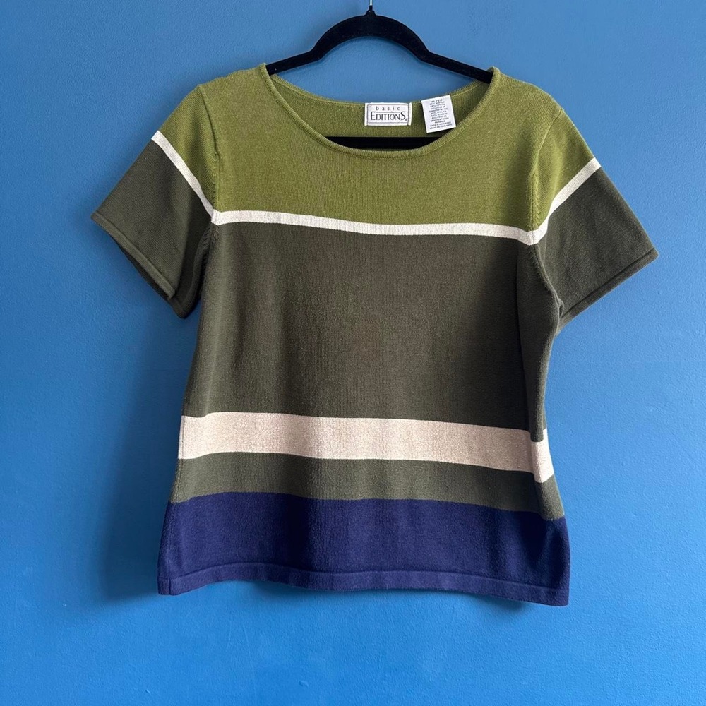 Vintage Stripe Sweater Blouse Women's Size XL Green Basic Editions Retro Momcore